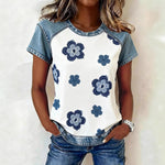 Color-block Printed Short-sleeve Womens Loose Top