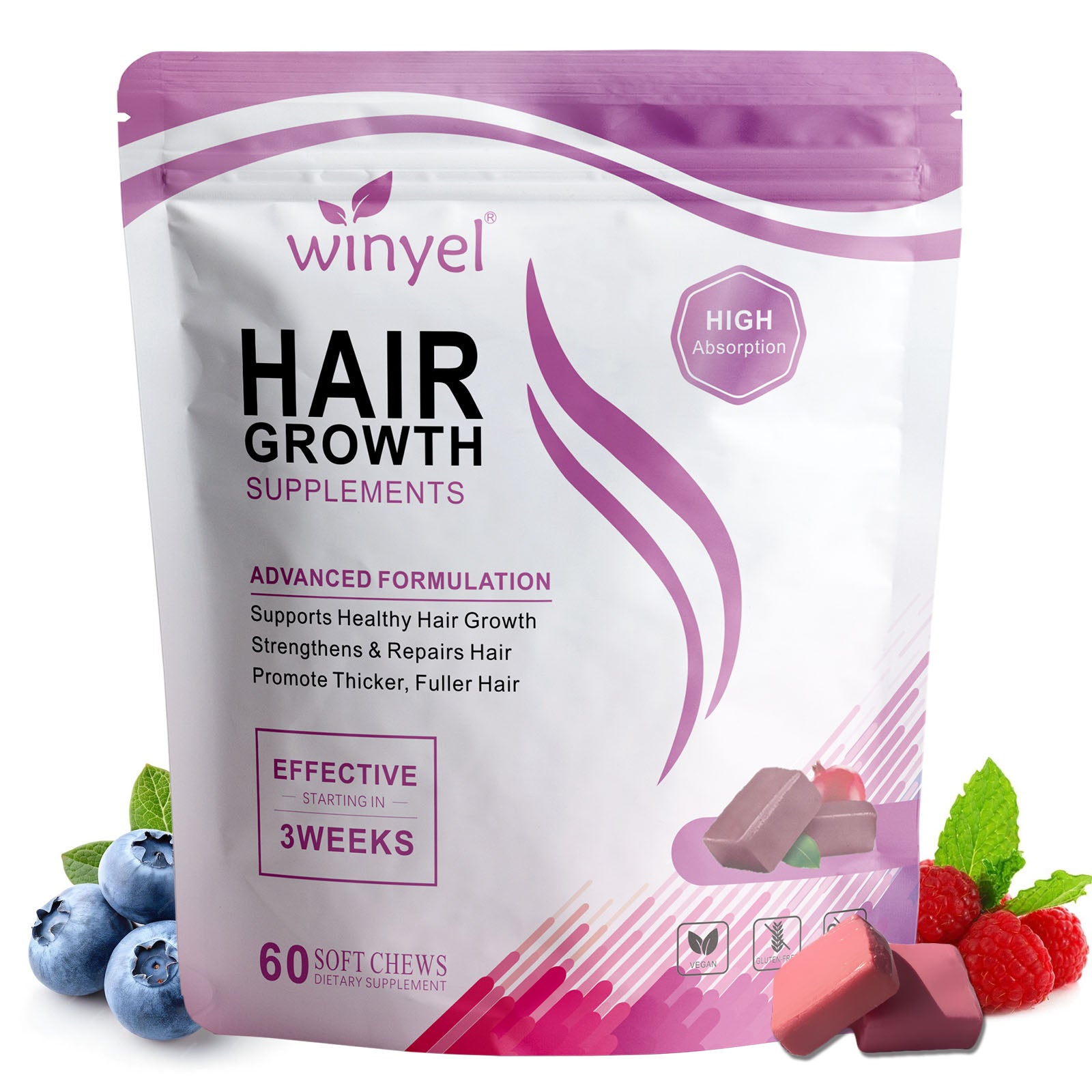 WINYEL Hair Growth Soft Chewables, Containing Hair Growth Vitamins For Men And Women, Biotin, To Help Create Thicker, Fuller, And Stronger Hair, Mixed Berries, 60 Soft Chewables.