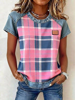 Color-block Printed Short-sleeve Womens Loose Top