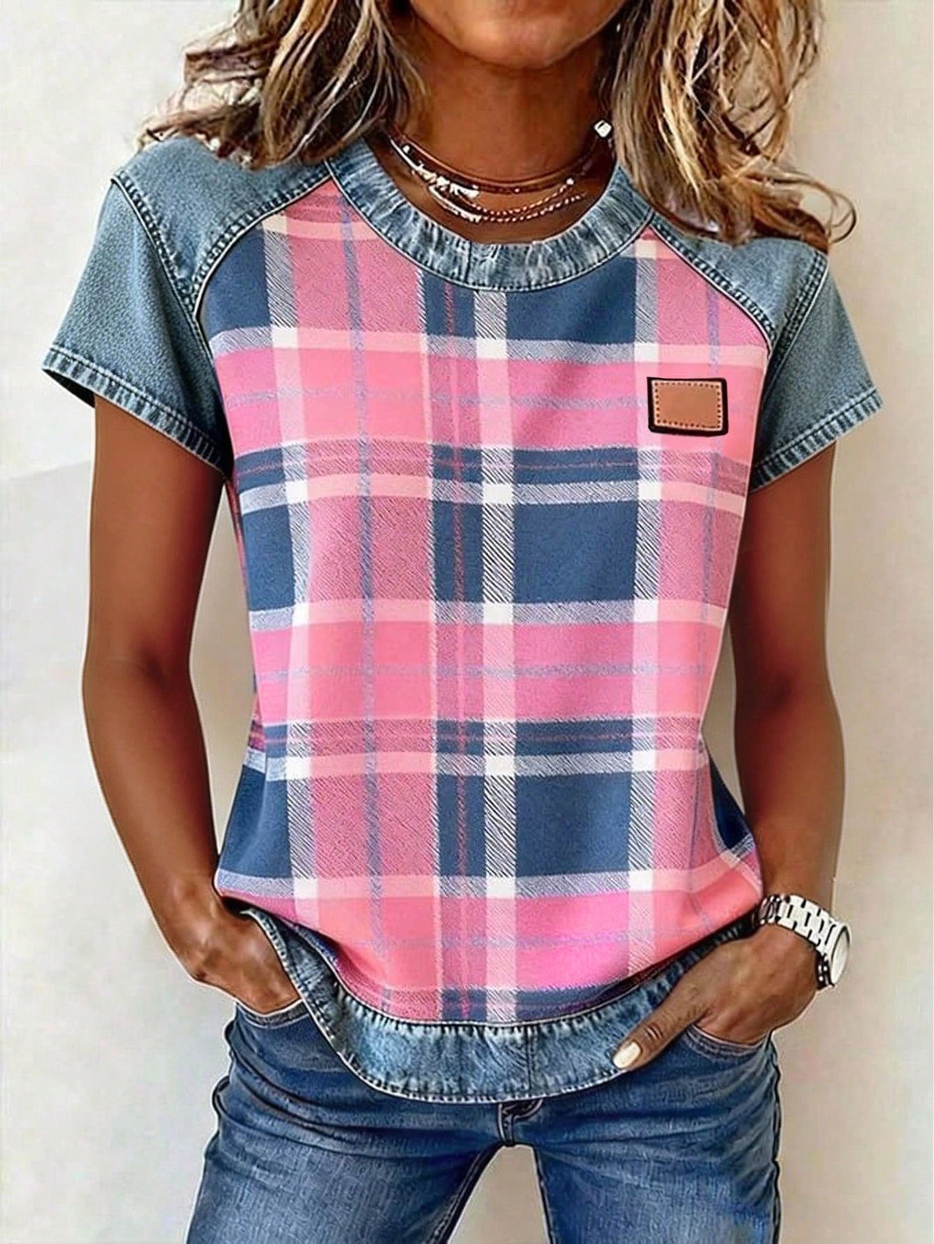Color-block Printed Short-sleeve Womens Loose Top