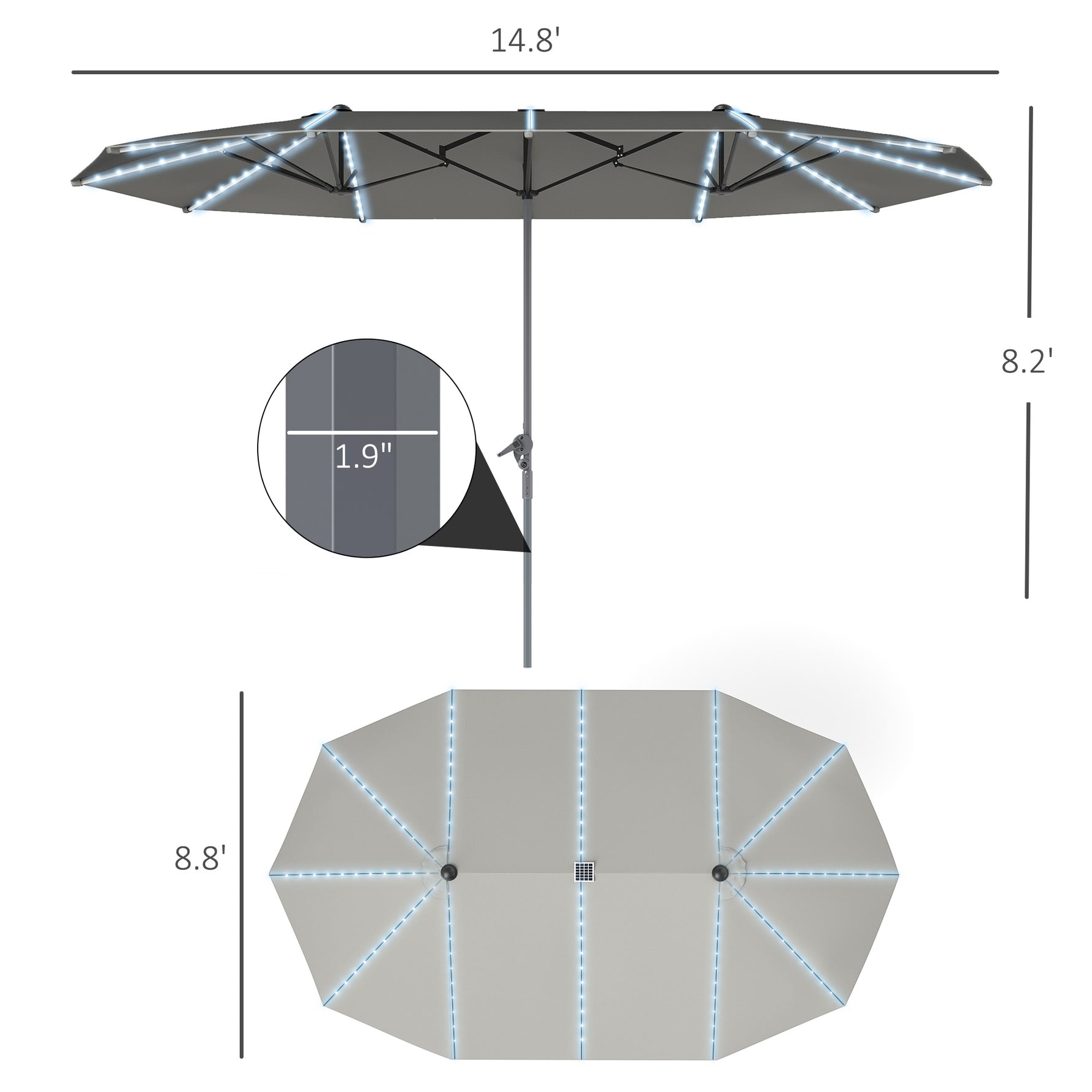15ft Double-Sided Outdoor Umbrella With Solar Lights, Extra Large Aluminum Patio Umbrella With Crank, Dark Gray