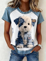 Color-block Printed Short-sleeve Womens Loose Top