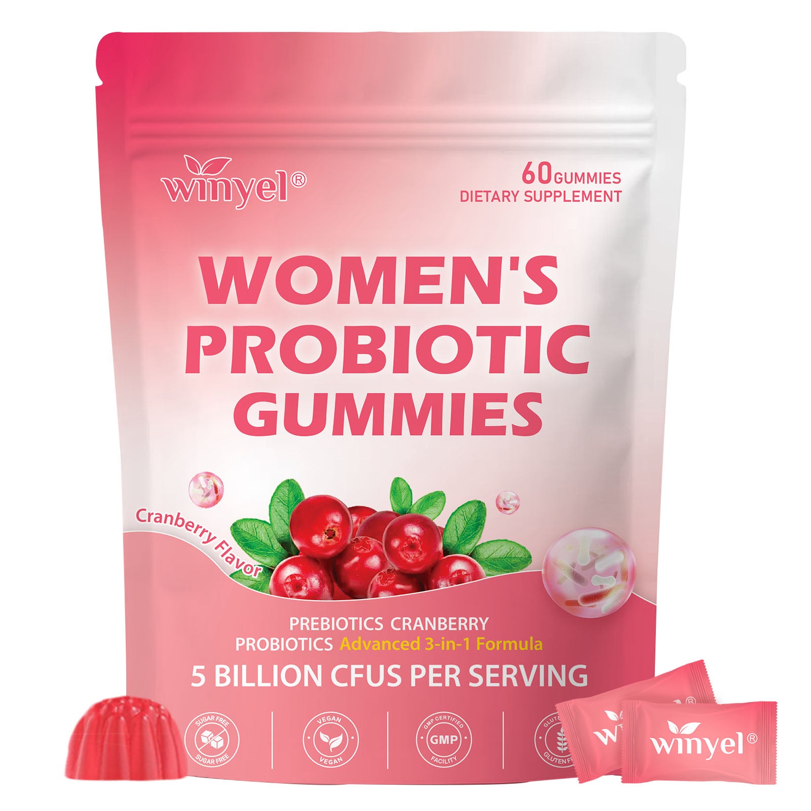 Cranberry Probiotic Gummies  Targets Body Odor, Women's Health, And PH Balance  Vegan 60 Gummies Per Pack