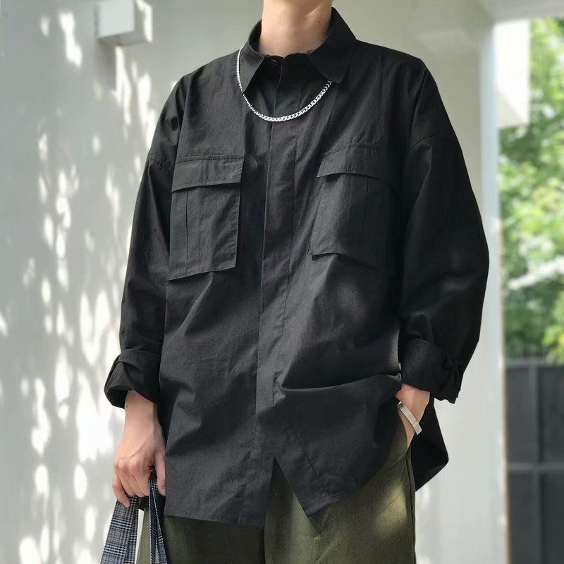Spring Autumn Men's Long-Sleeve Trendy American-Style Workwear Shirt