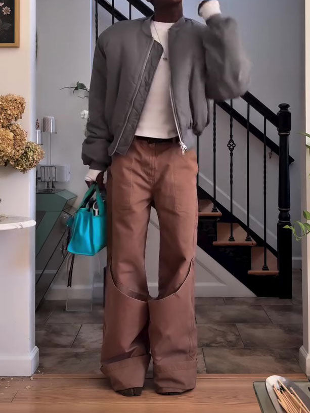 Brown Side Cutout Deconstructed Wide Leg Cargo Pants