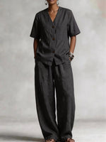 Summer Linen Solid-color Collarless Short-sleeve Top And Casual Wide-leg Pants