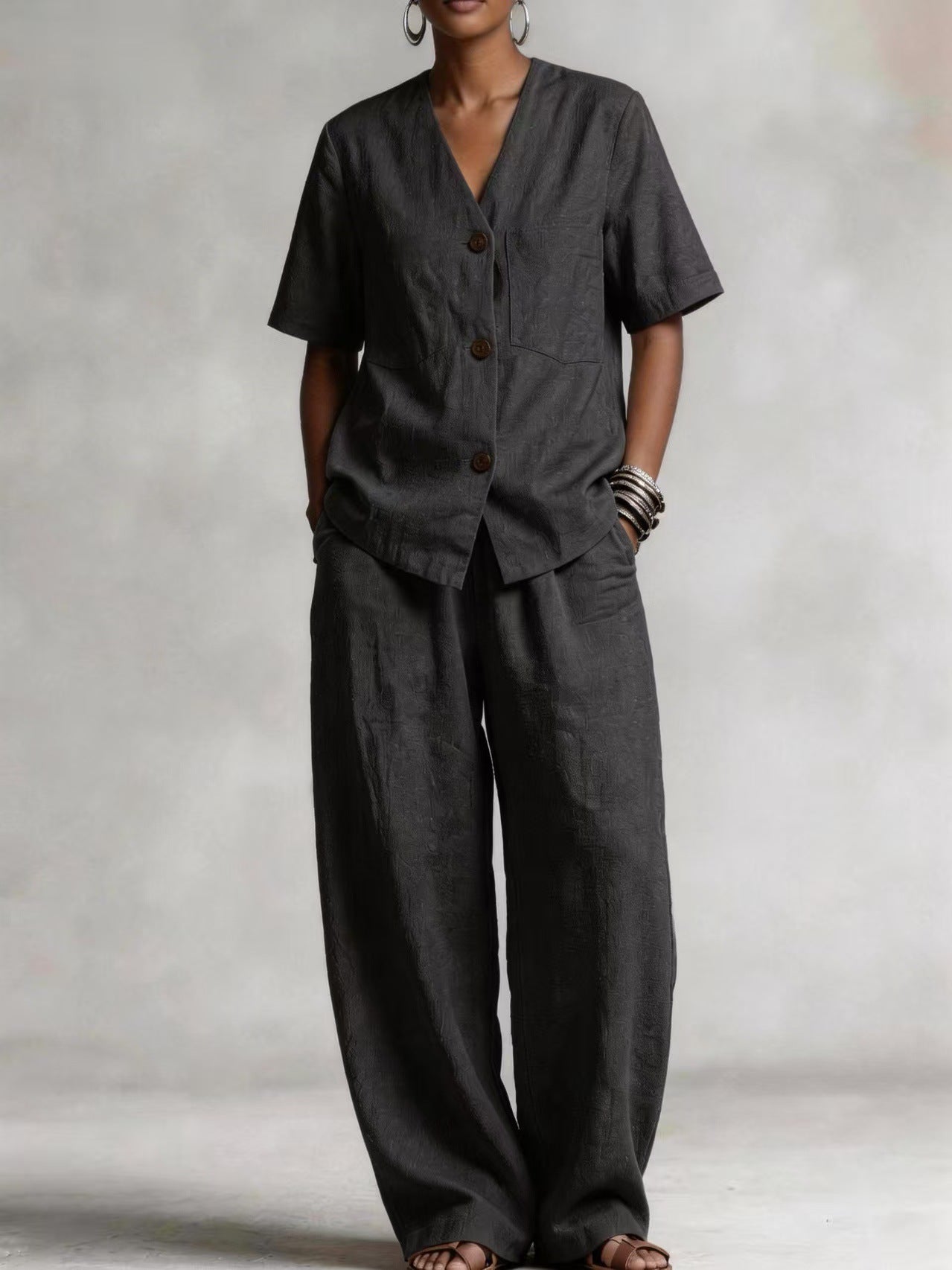 Summer Linen Solid-color Collarless Short-sleeve Top And Casual Wide-leg Pants