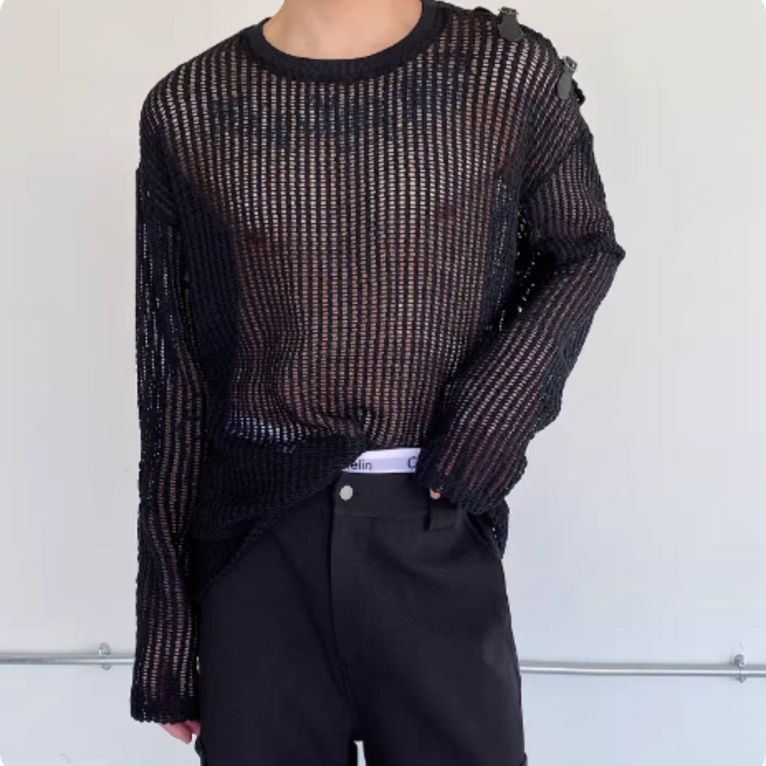 Hollow Out T-shirt Men's Long Sleeved Leather Loop Off Shoulder Design Niche Men