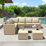 Garden Corner Sofa Set Rattan Sofa Outdoor Furniture With Coffee Table 2 Stools,Khaki