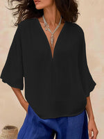 Loose Casual Solid-Colored Cotton-Linen Womens V-Neck Trendy Fashion Mid-Sleeve Top