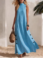 Casual Solid-Colored Cotton-Linen Sleeveless Mid-Length Dress With Side Slits