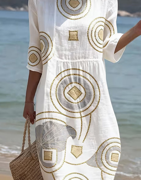 Women's Casual Round Neck Mid Sleeve Print Cotton And Linen Dress