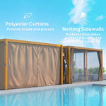 10 X 13 Outdoor Retractable Pergola WSun Shade Louvered Top, Pergola W Canopy, Curtains, Netting, Natural Wood