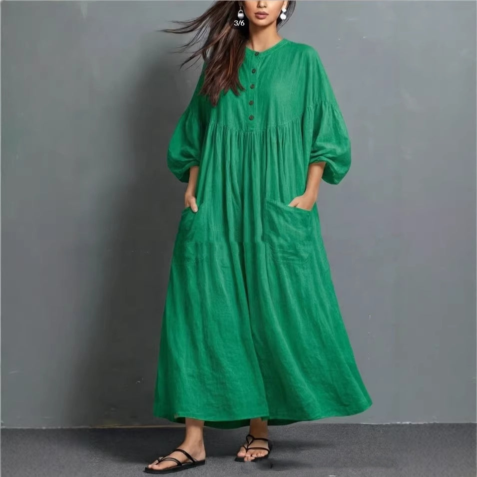 Solid-color Casual Cotton-linen Pocket Dress