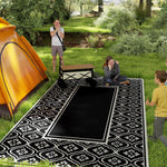 Reversible Outdoor Rug, Waterproof Plastic Straw With Carry Bag, 9 X 18, Black & White Gourd Border