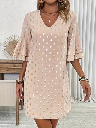 Elegant V-Neck Flared-Sleeve Polka-Dot Gold-Stamped Womens Dress