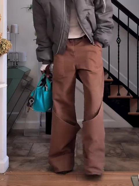Brown Side Cutout Deconstructed Wide Leg Cargo Pants