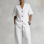 Summer Linen Solid-color Collarless Short-sleeve Top And Casual Wide-leg Pants