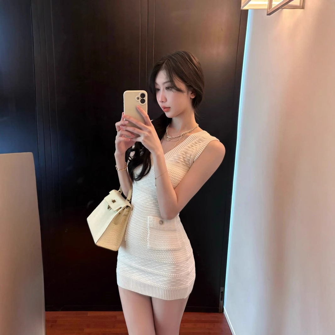 Womens Slim-fit Knitted V-neck Sleeveless Dress