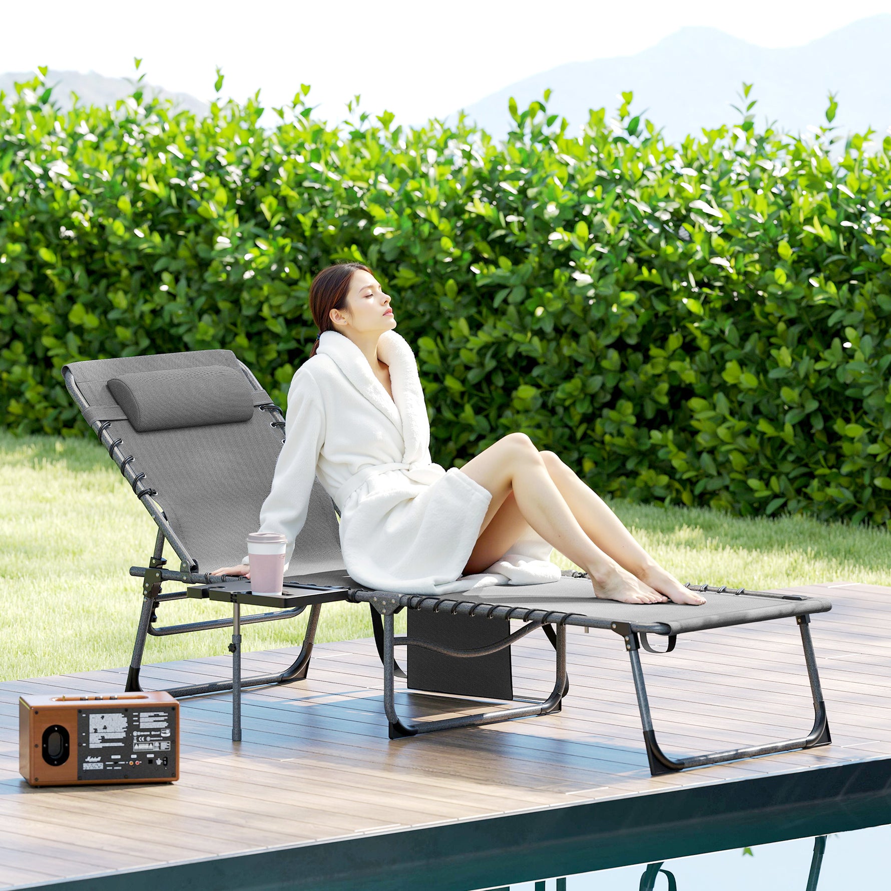 Folding Outdoor Chaise Lounge Chair Tanning Chair With 5-Level Adjustable Back, Side Table, Pillow, Pocket, Gray