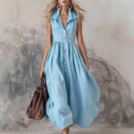 Womens Elegant Fashionable Solid-Color Lapel Slim-Fit Long Dress