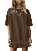 Women's Solid Color Casual Loose Short-Sleeve Skirt Set