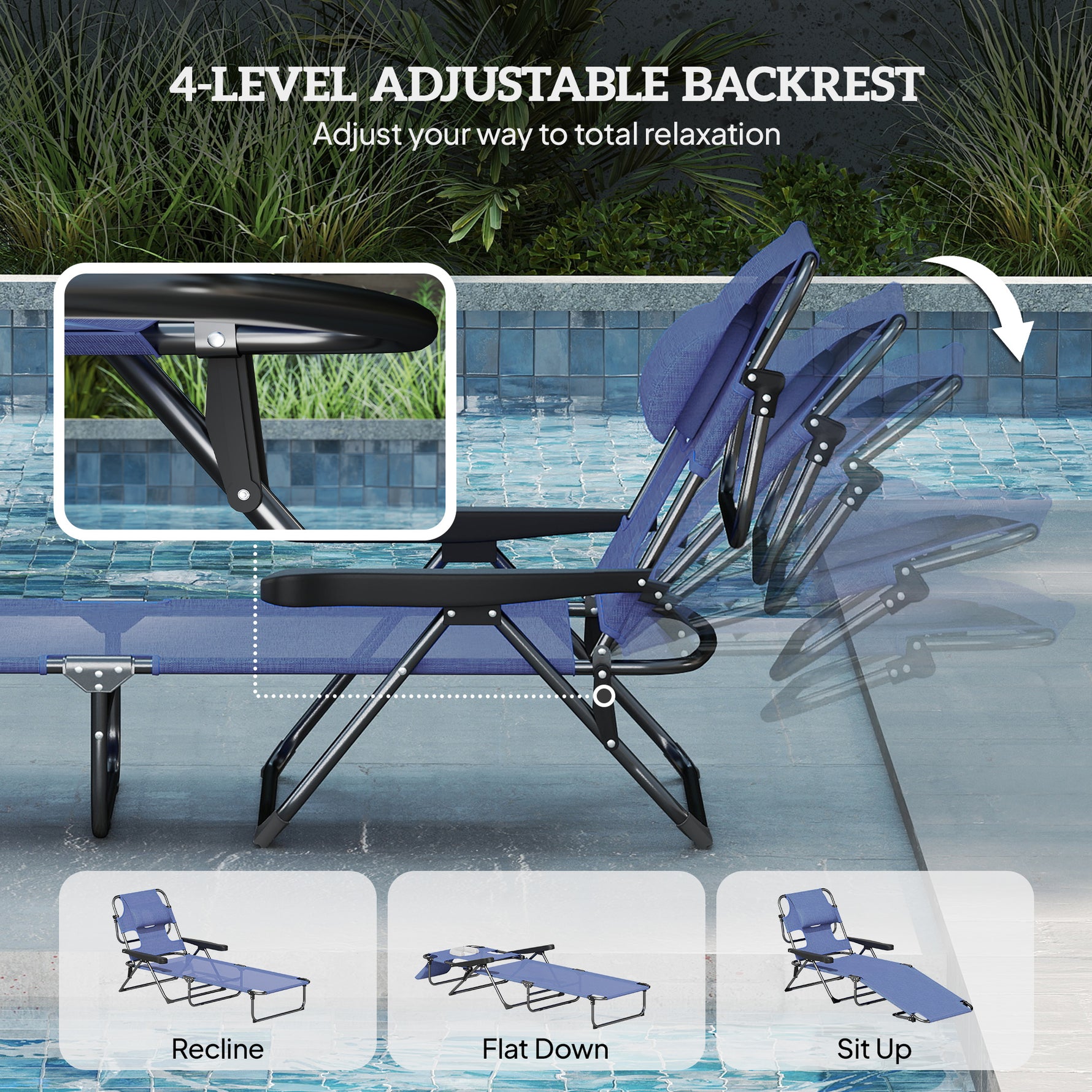 Folding Lounge Chair W Reclining Back, Gray
