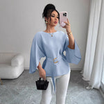 Womens Flared Sleeve Defined Waist Round Neck Lace-Up Slimming Shirt