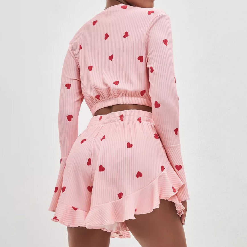 European And American Knitted Ribbed Heart Print Set