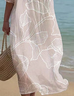 Women's Casual Round Neck Mid Sleeve Print Cotton And Linen Dress