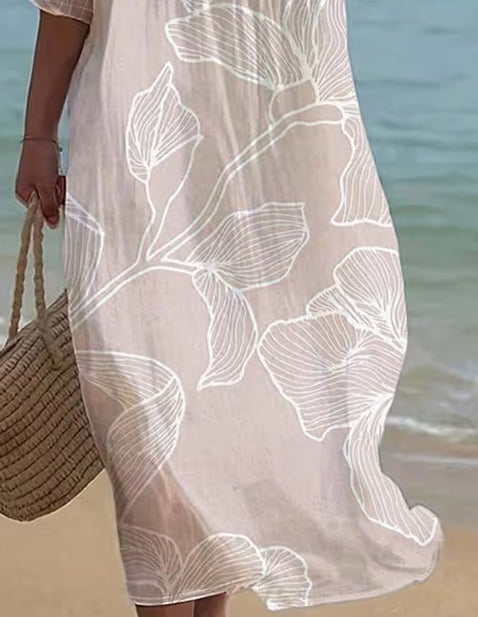 Women's Casual Round Neck Mid Sleeve Print Cotton And Linen Dress