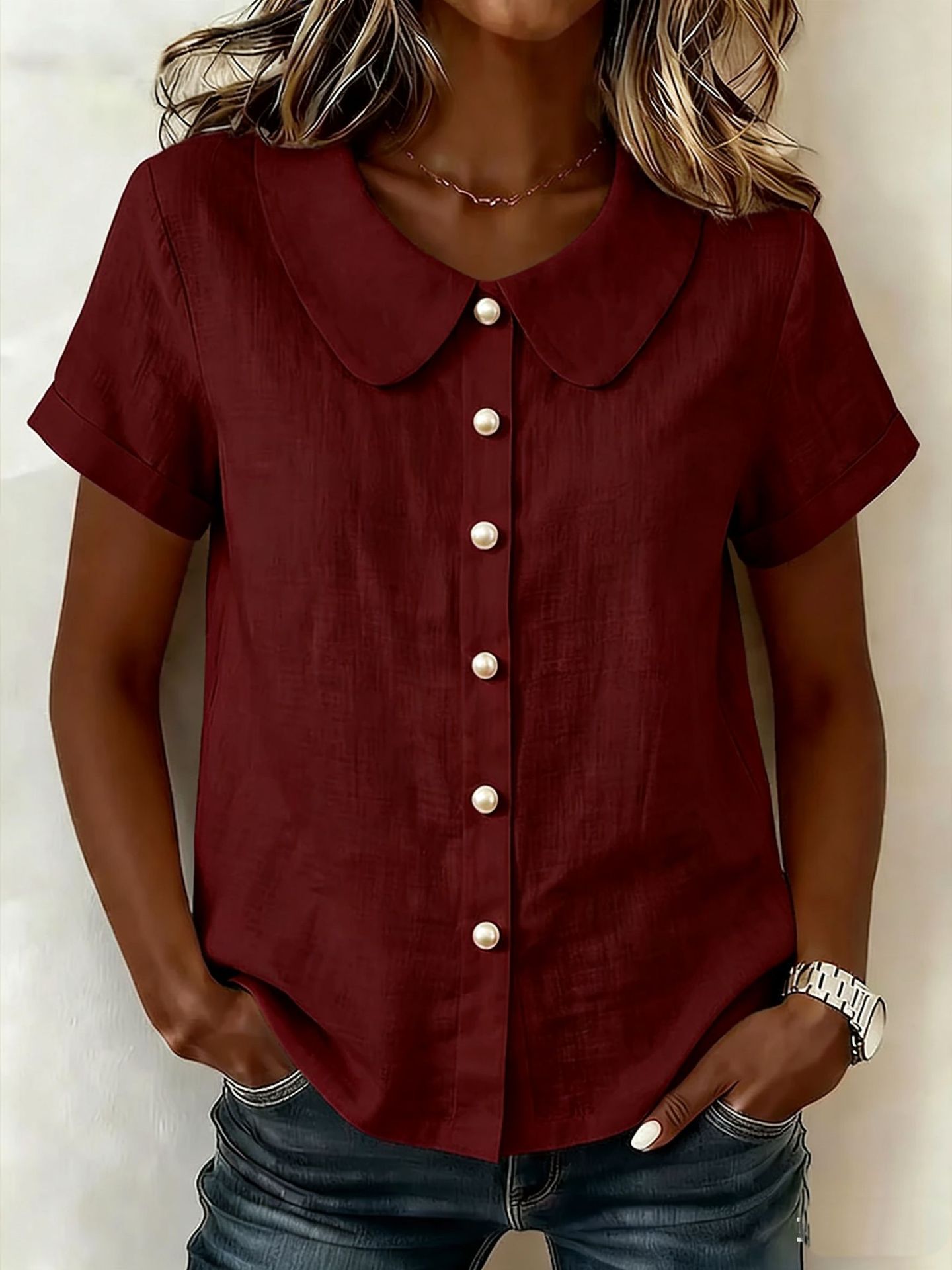Womens Solid-Colored Short-Sleeve Casual Loose Cotton-Linen Shirt