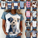 Color-block Printed Short-sleeve Womens Loose Top