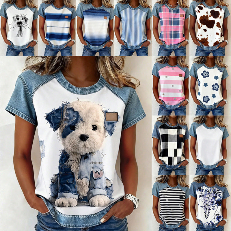 Color-block Printed Short-sleeve Womens Loose Top