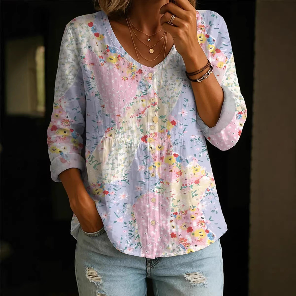 Women's Fashion Round-Neck Printed Plus-Size Shirt