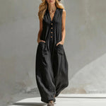 Womens Casual Linen-Cotton Sleeveless Jumpsuit With Two Pocket Straps