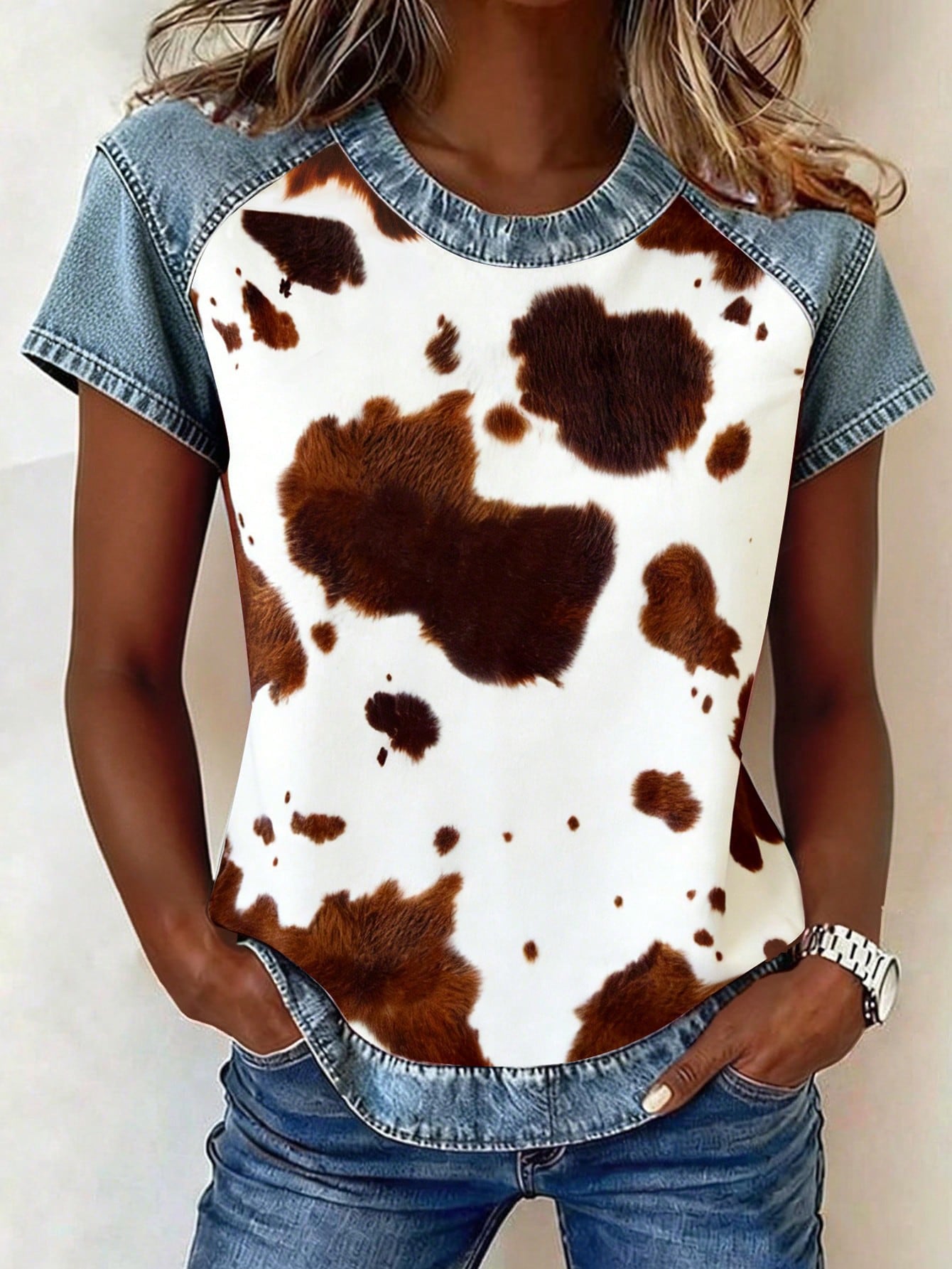 Color-block Printed Short-sleeve Womens Loose Top