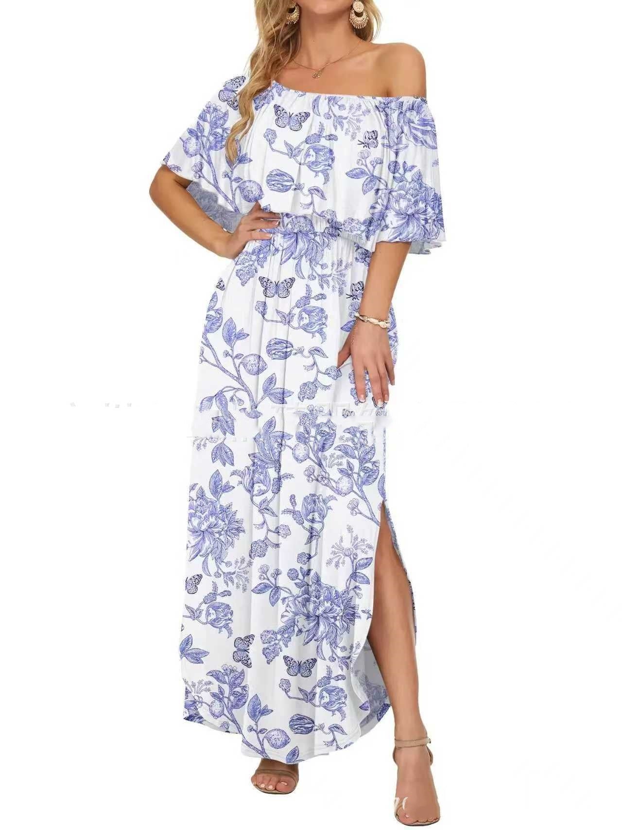 Printed Off-shoulder Short-sleeve Maxi Dress