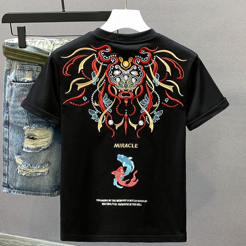 Men's Cotton Crew-Neck Versatile Ethnic-Style Embroidered Short-Sleeve T-Shirt