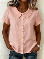 Womens Solid-Colored Short-Sleeve Casual Loose Cotton-Linen Shirt