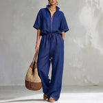 Womens Casual Loose Solid-Color Zip-Up Crew-Neck Wide-Leg Pants Set