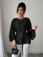 Womens Flared Sleeve Defined Waist Round Neck Lace-Up Slimming Shirt