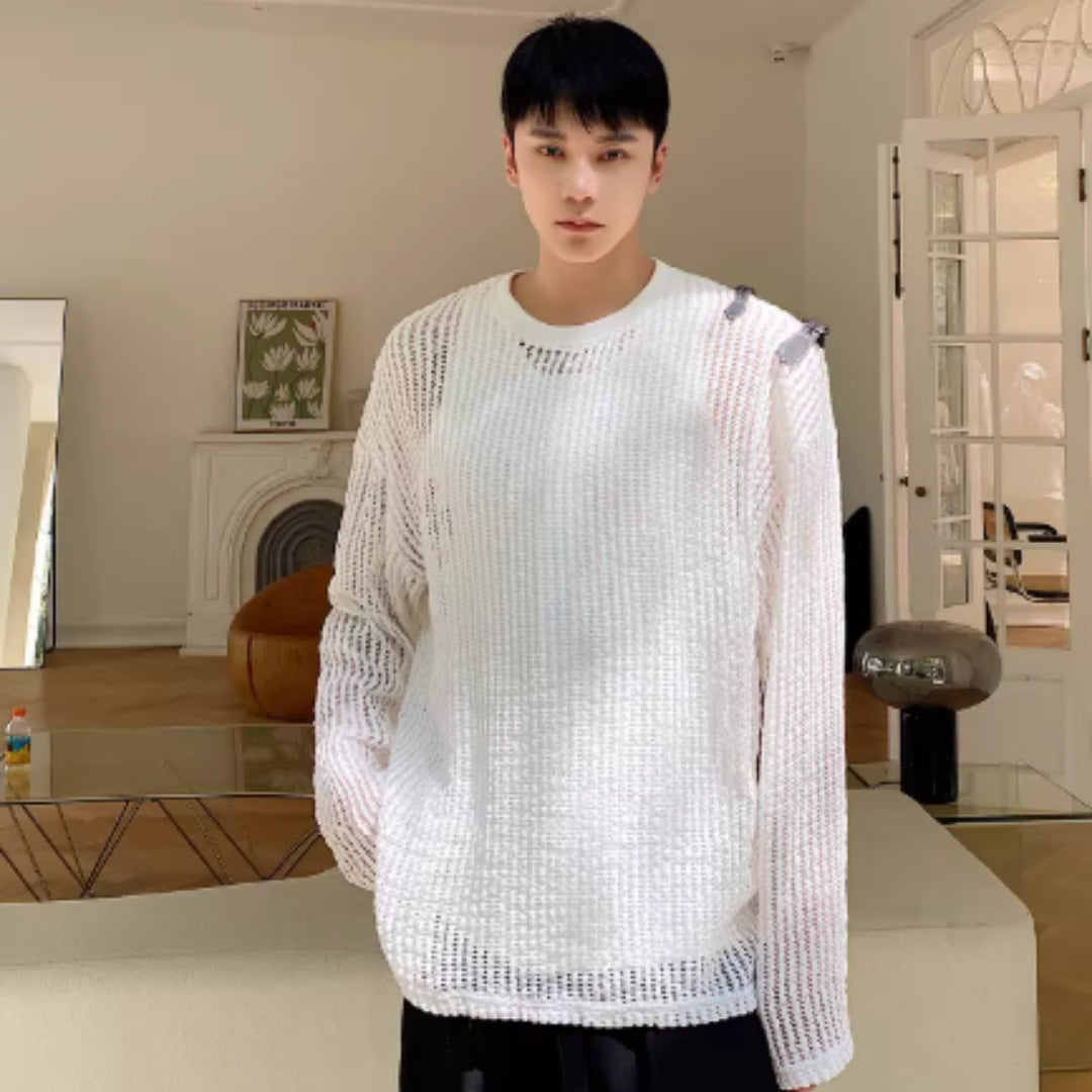 Hollow Out T-shirt Men's Long Sleeved Leather Loop Off Shoulder Design Niche Men