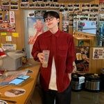 Retro Wine-Red Corduroy Lapel Long-Sleeve Shirt