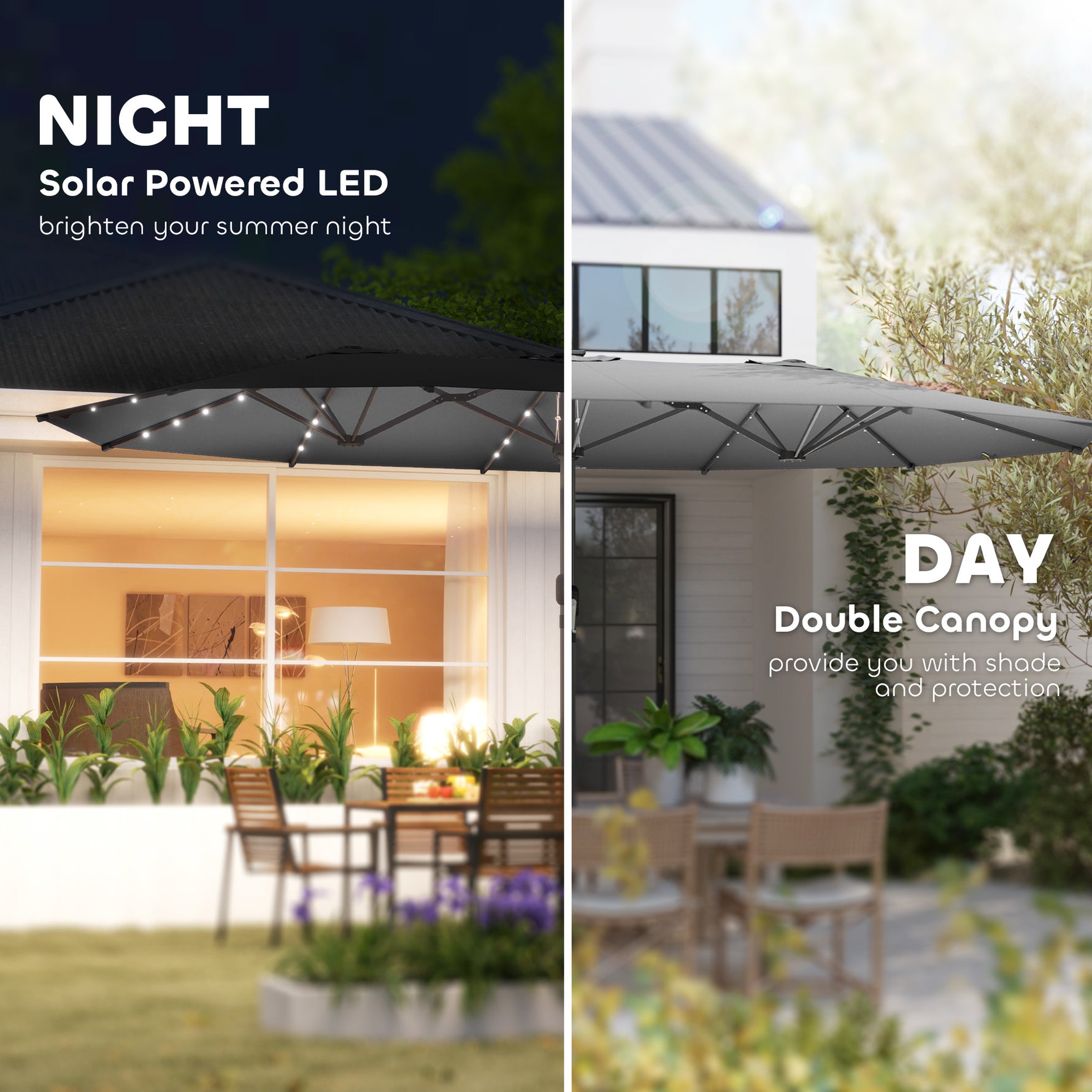Garden Parasol, Double-Sided Sun Umbrella With LED Solar Lights, Patio Parasol For Outdoor, Gray