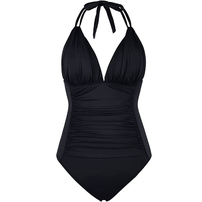 Multi-colored Ruffled Trim Figure-hugging Backless One-piece Swimsuit