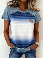 Color-block Printed Short-sleeve Womens Loose Top