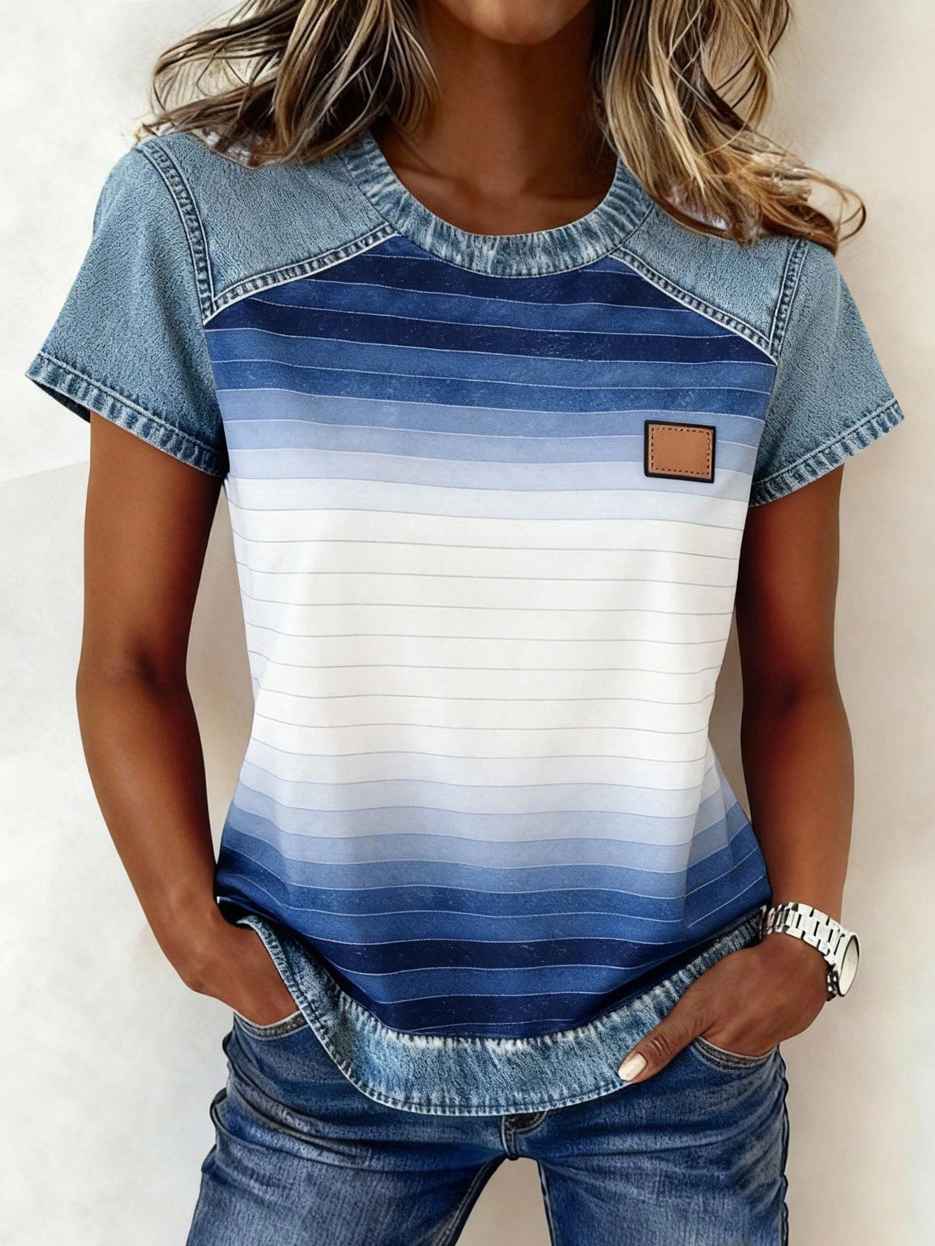 Color-block Printed Short-sleeve Womens Loose Top
