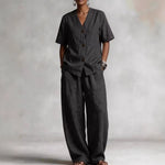Summer Linen Solid-color Collarless Short-sleeve Top And Casual Wide-leg Pants