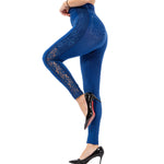 Womens Lace-Trimmed High-Waisted Faux Denim Leggings